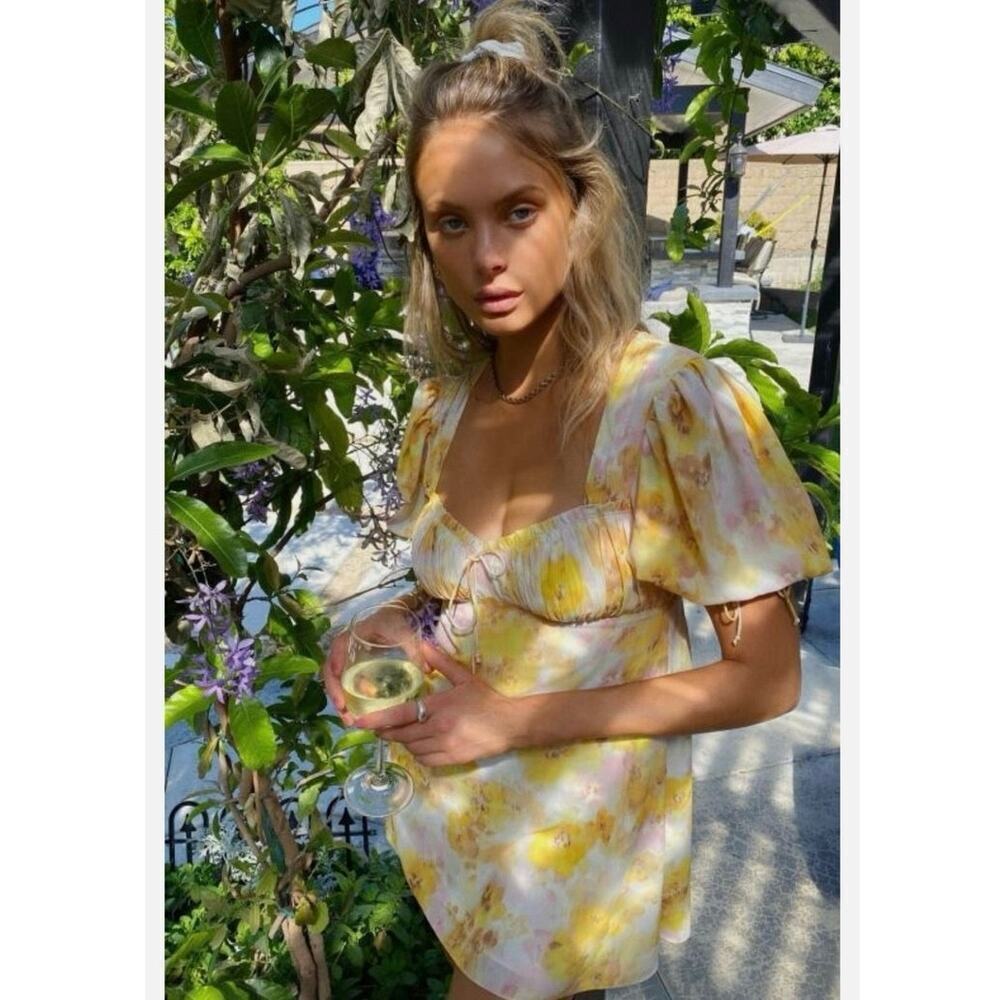 NWOT For Love & Lemons Zinna Babydoll Mini Dress Lemonade Floral Yellow Medium - Picture 15 of 16